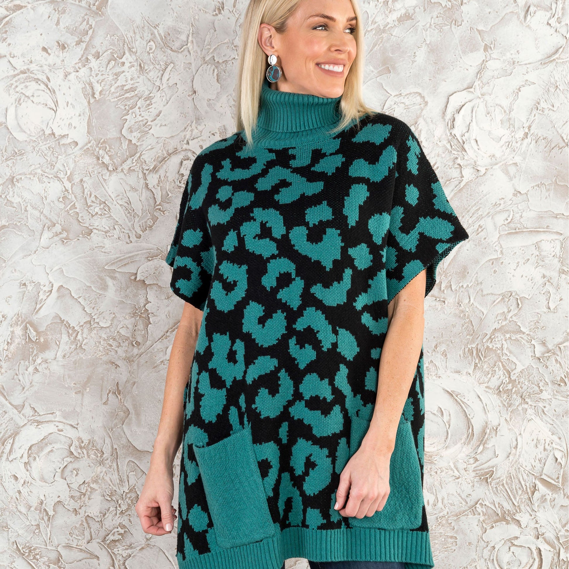 Teal Leopard Turtleneck Poncho With Patch Pockets - Os