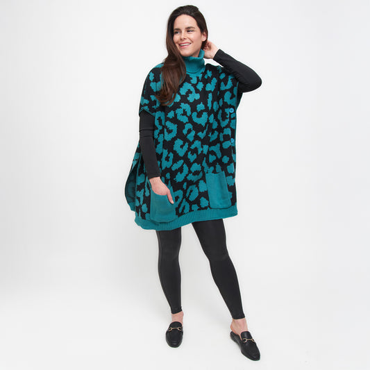 Teal Leopard Turtleneck Poncho With Patch Pockets - Os