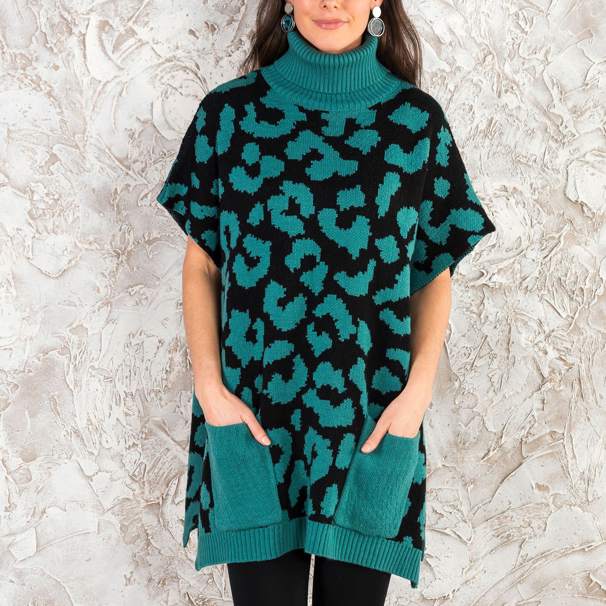 Teal Leopard Turtleneck Poncho With Patch Pockets - Os