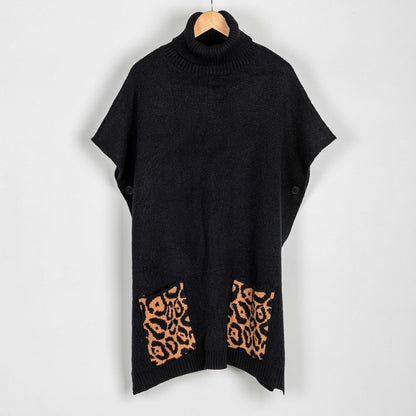 Black Leopard Turtleneck Poncho With Patch Pockets - Os