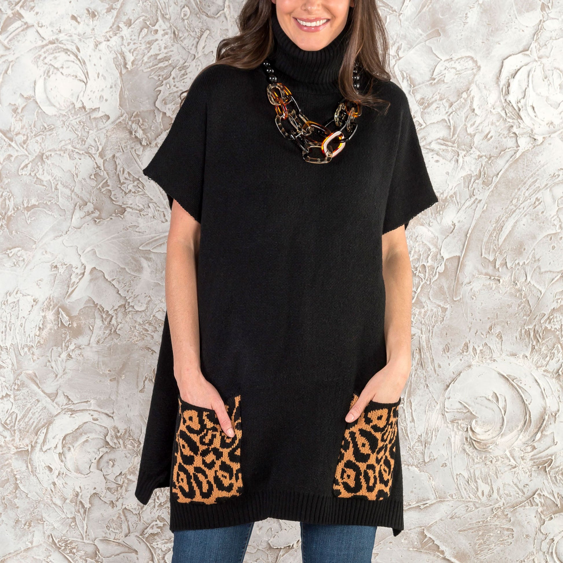 Black Leopard Turtleneck Poncho With Patch Pockets - Os