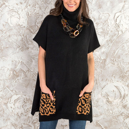 Black Leopard Turtleneck Poncho With Patch Pockets - Os