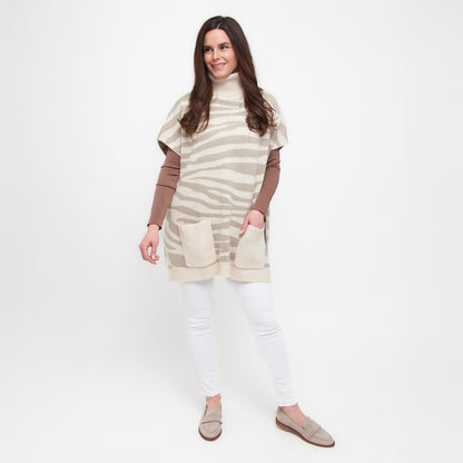 Cream Tiger Turtleneck Poncho With Patch Pockets