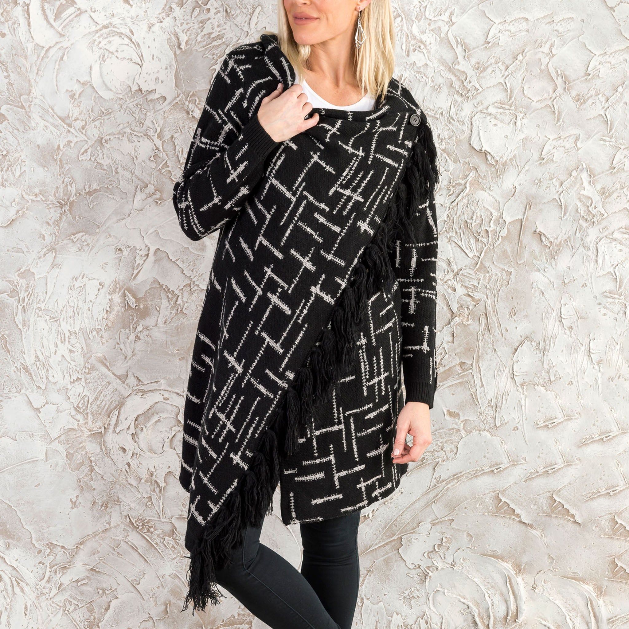 Black Geo Plaid Asymmetrical Wrap Sweater With Fringe Detail