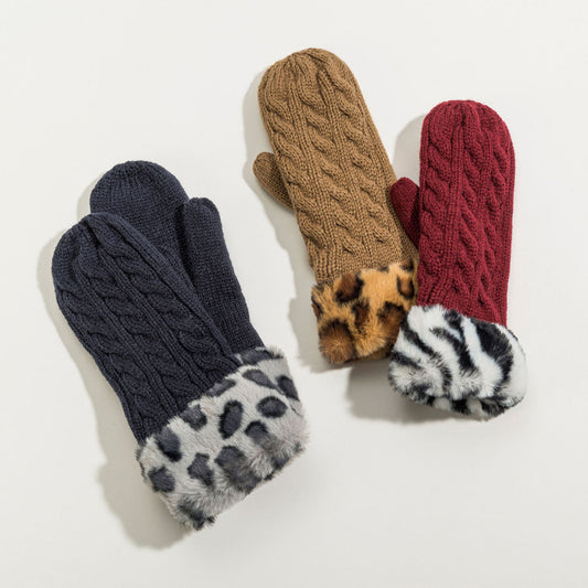 6 Piece Animal Print Faux Fur Cuff Mitten Assortment