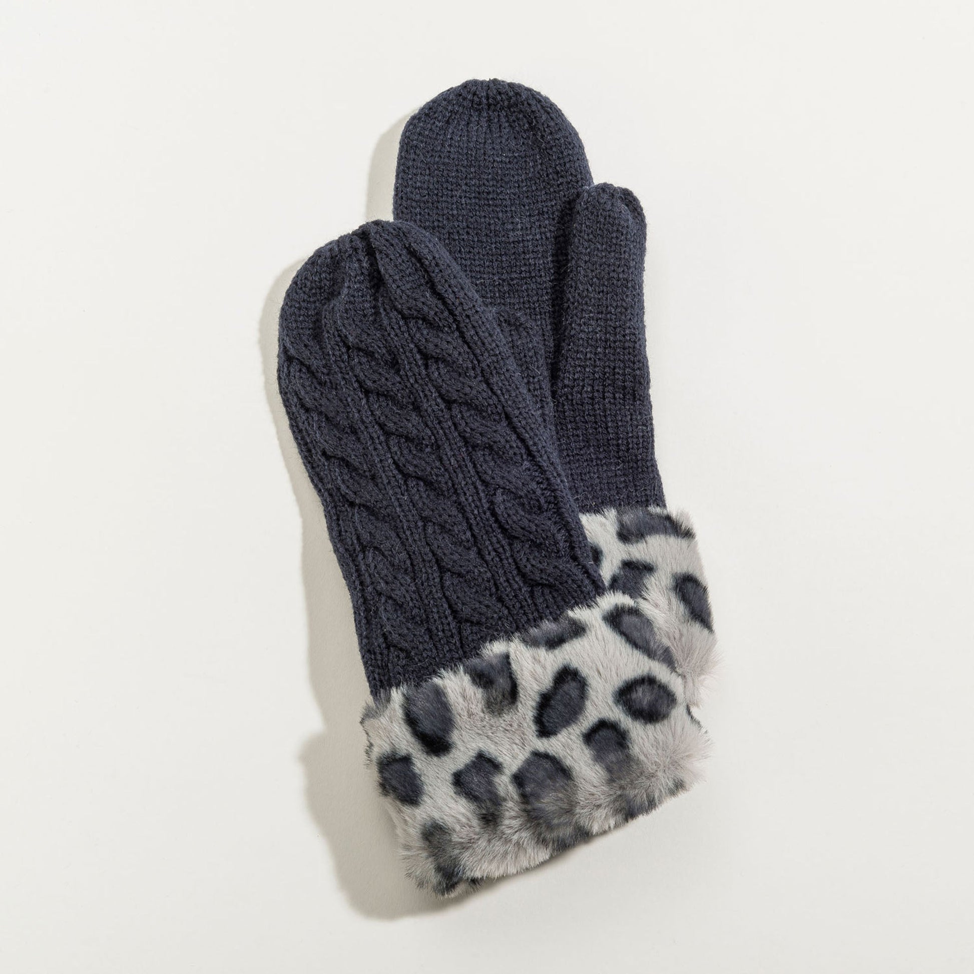 Navy Animal Print Faux Fur Cuff Mittens