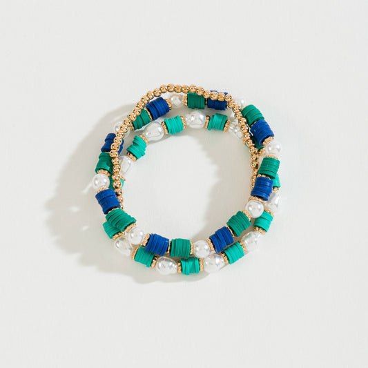 Blue Disc Bead And Pearl Stretch Bracelet