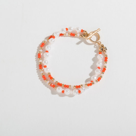 Coral Seed Bead And Pearl Layered Toggle Bracelet