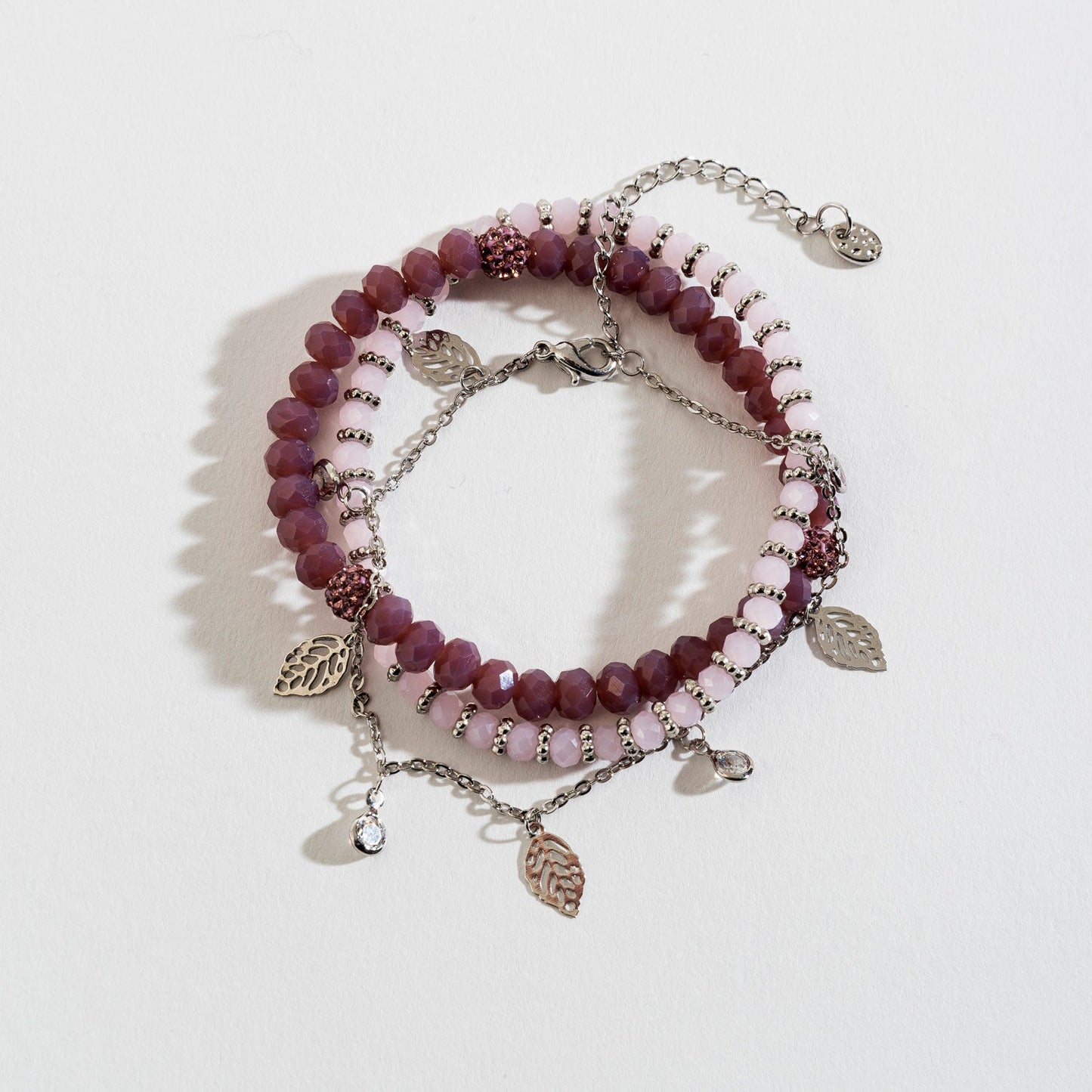 Purple Faceted Bead Cutout Leaf Charm Layered Stretch Bracelet