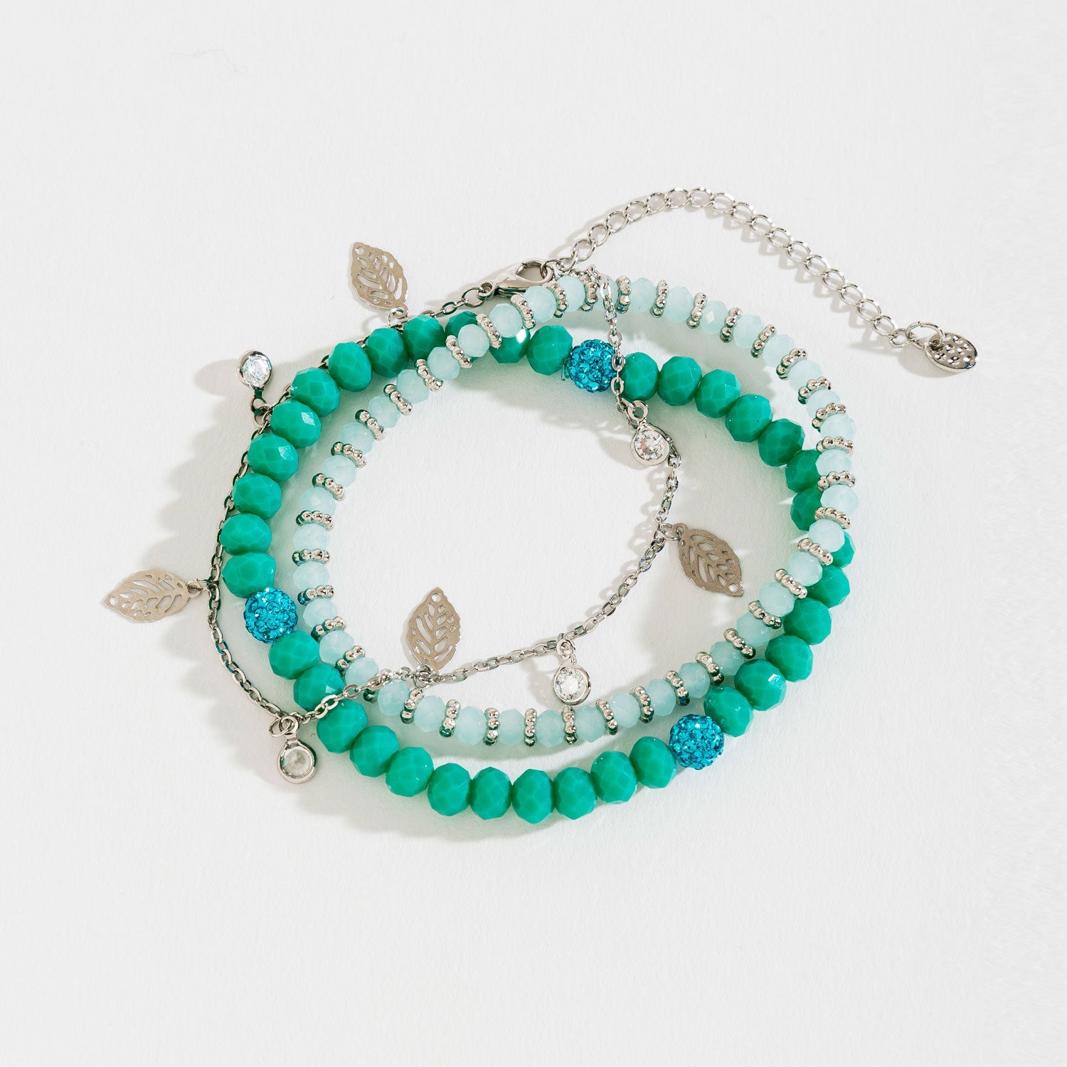 Teal Faceted Bead Cutout Leaf Charm Layered Stretch Bracelet