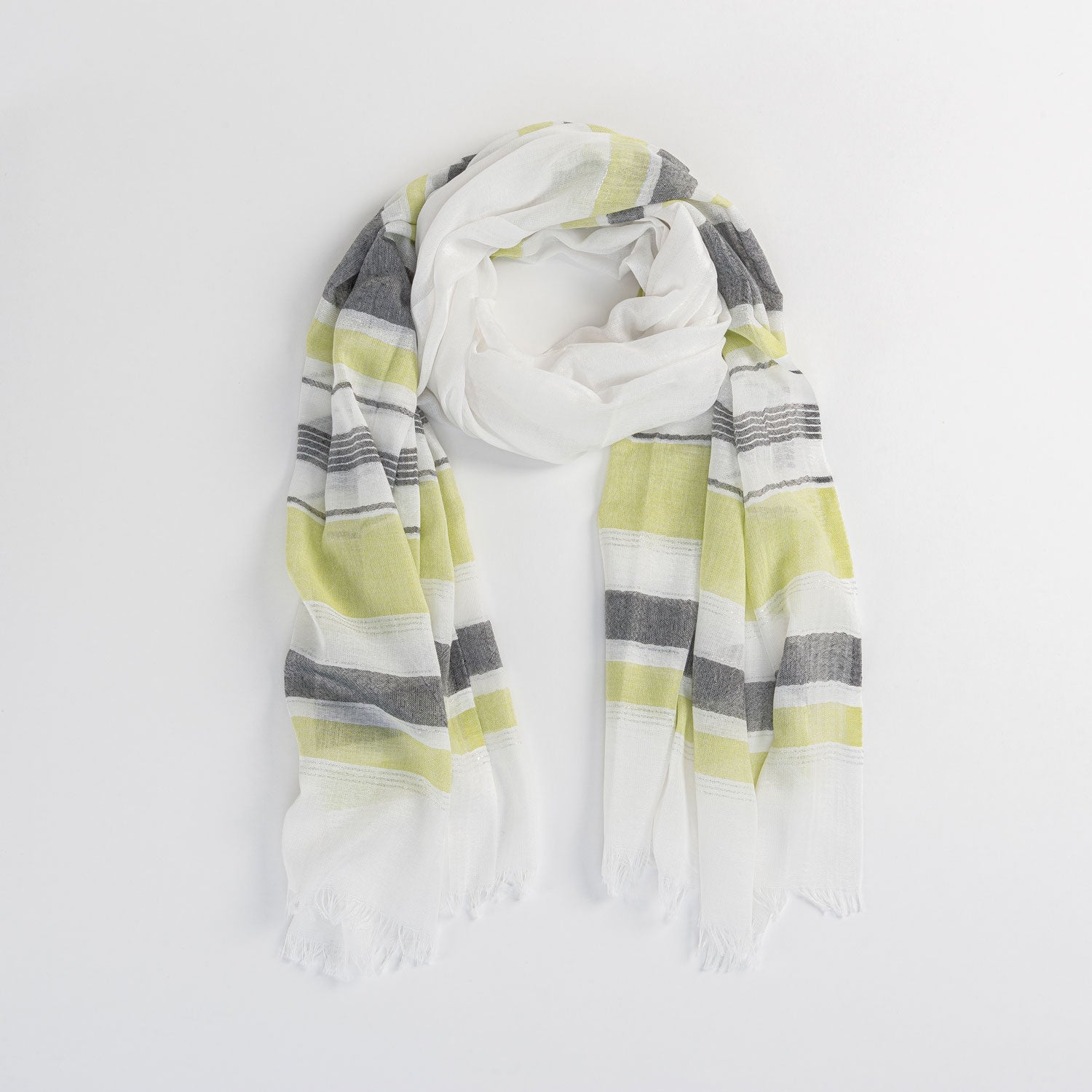 Green Lurex Stripe Frayed Hem Lightweight Scarf