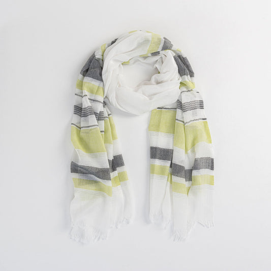 Green Lurex Stripe Frayed Hem Lightweight Scarf