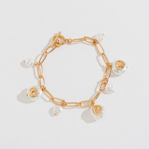 Gold Pearl And Wave Charm Bracelet