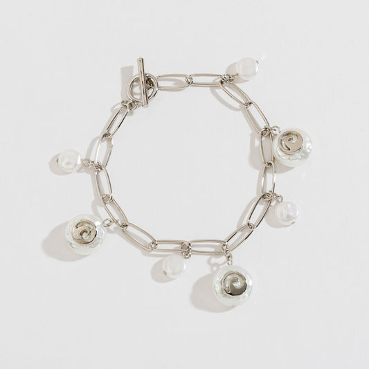 Silver Pearl And Wave Charm Bracelet