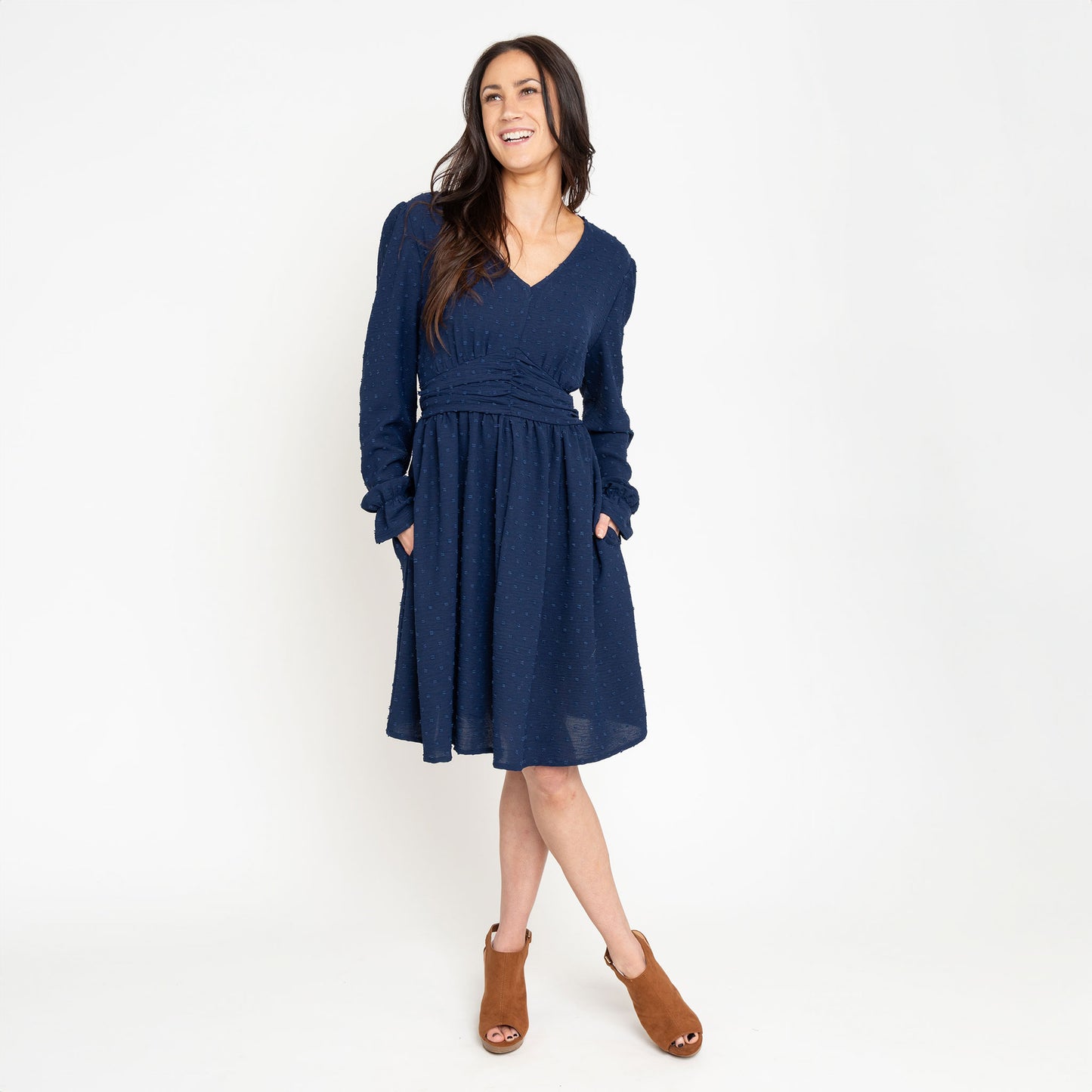 Hayden Swiss Dot Ruched V-Neck Dress