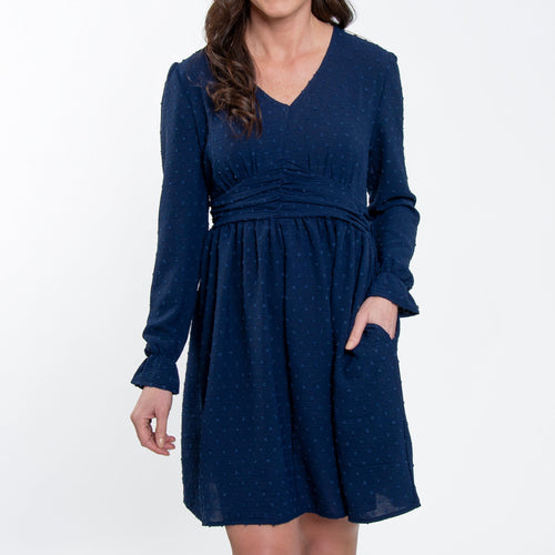 Hayden Swiss Dot Ruched V-Neck Dress