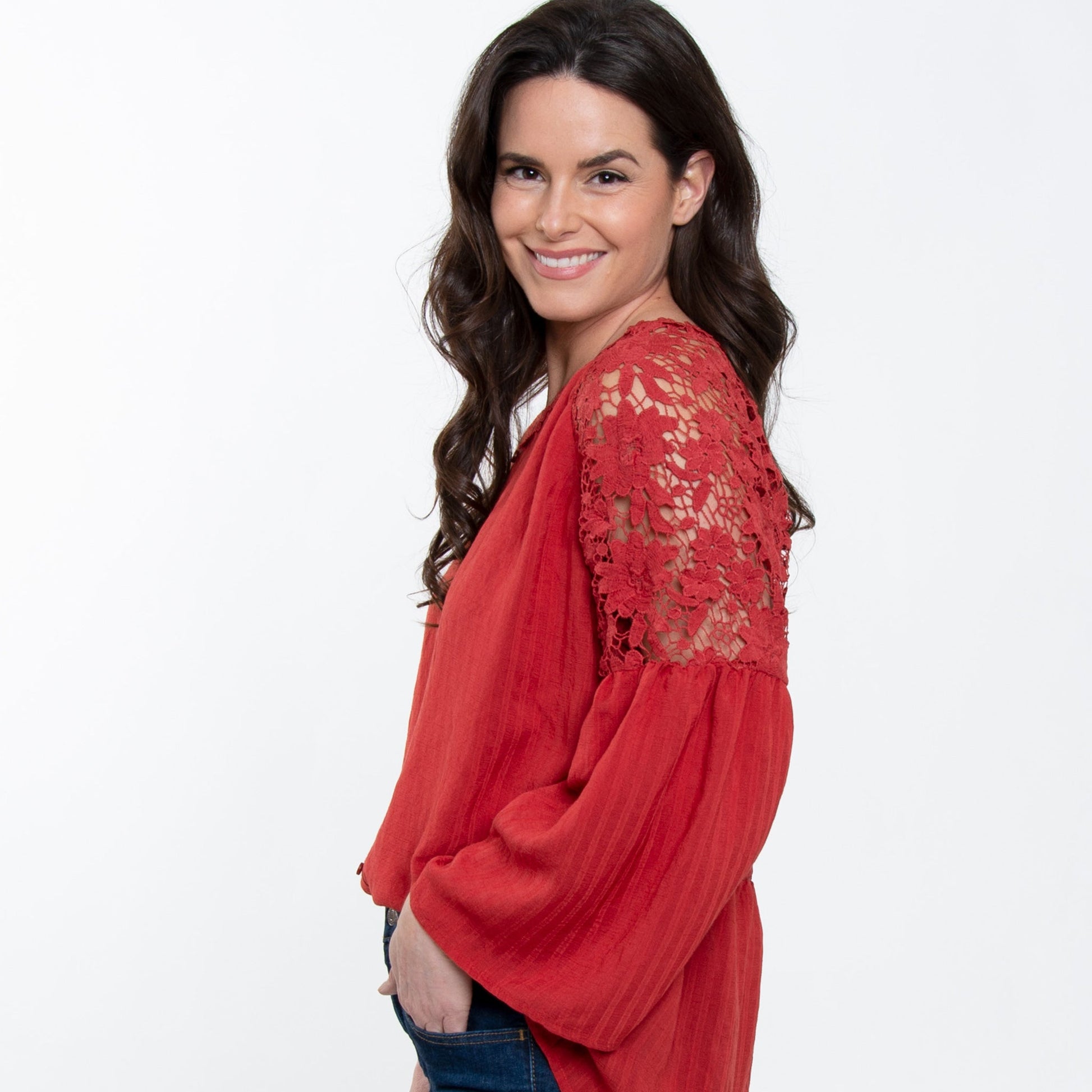 Elsie & Zoey  Women's Mckenna Lace Sleeve V-Neck Blouse