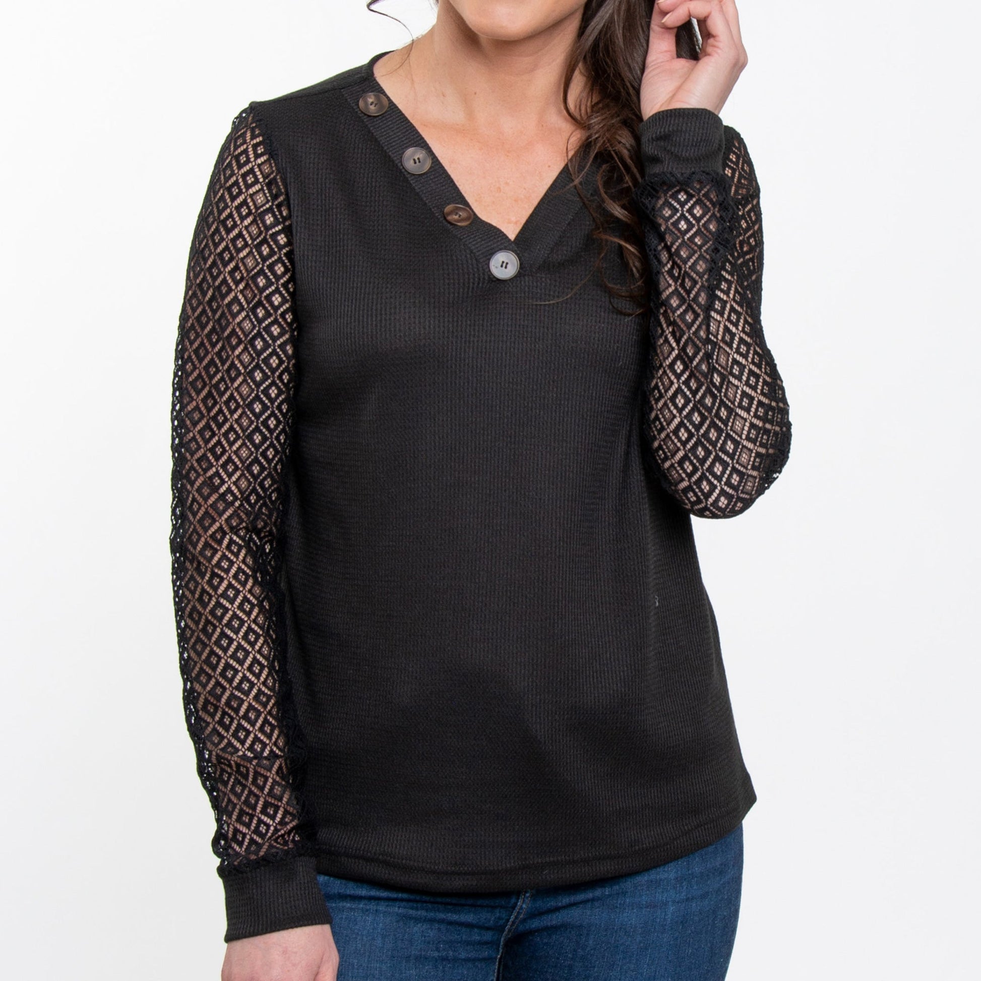 Elsie & Zoey  Women's Dru Lace Sleeve V-Neck Thermal Top