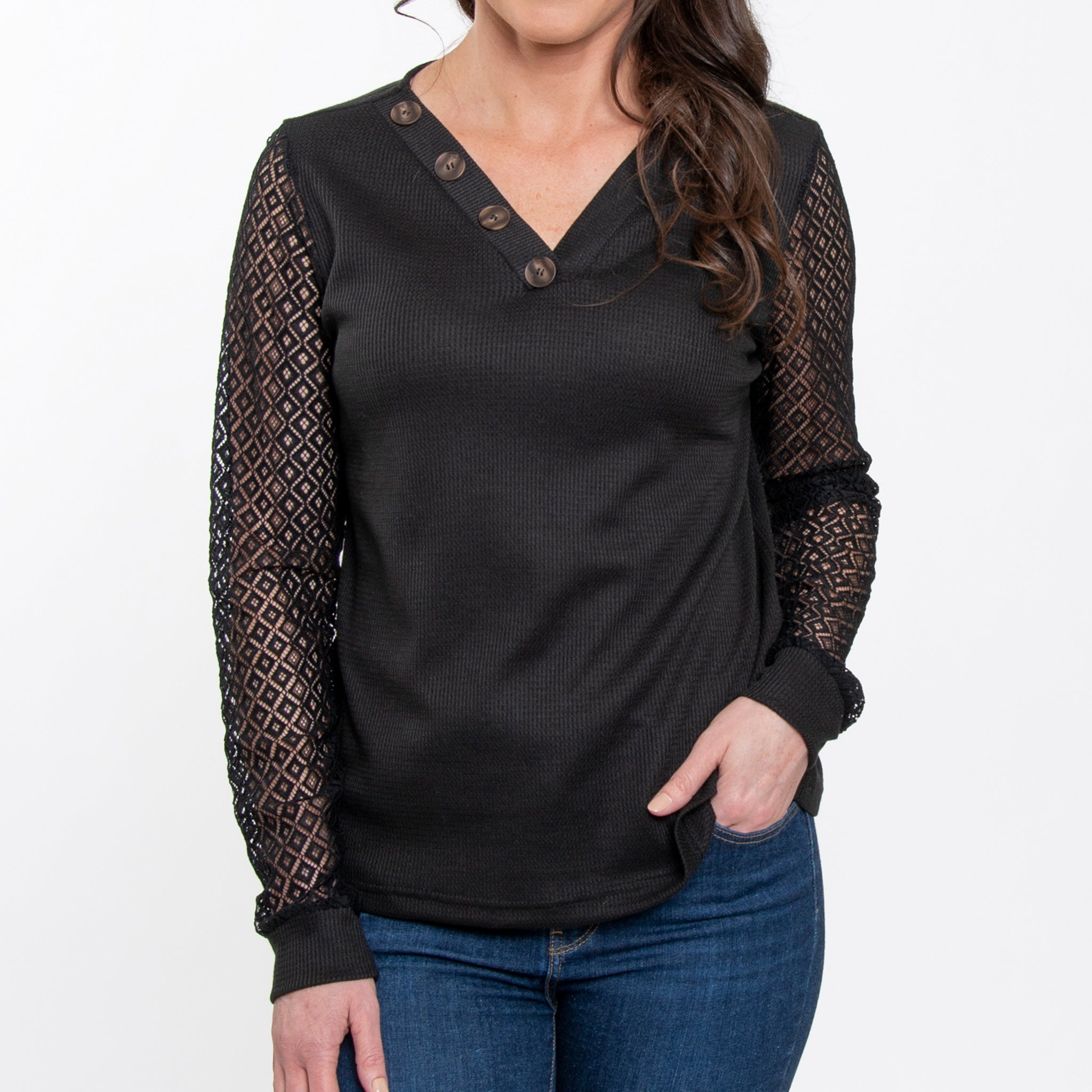 Dru Lace Sleeve V-Neck Thermal Top