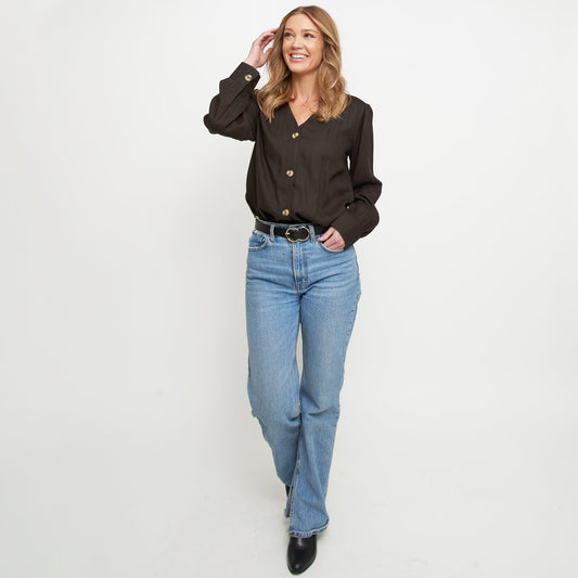 Izara Front Button V-Neck Blouse