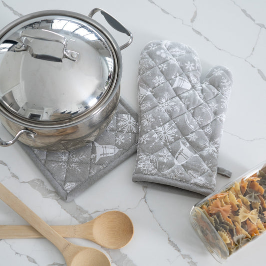 Elsie & Zoey  EZ Home 2 Piece Silver Bells Oven Mitt & Pot Holder Set