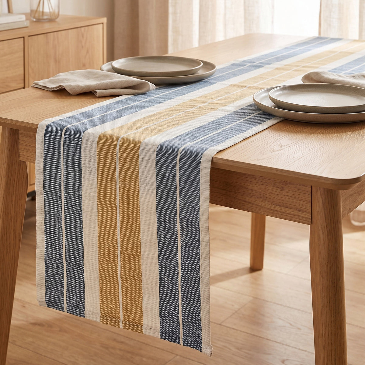 Blue & Tan Stripe Woven Table Runner