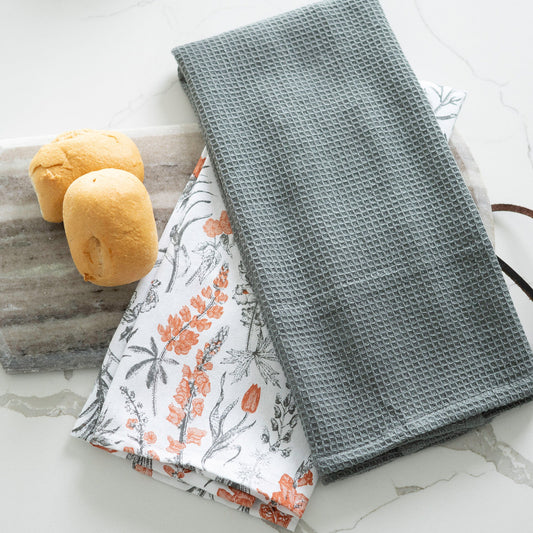 3 Piece Gray Floral Tea Towel Set
