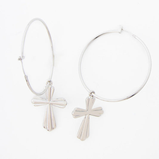 Celesta Cross Charm Curved Hoop Earrings