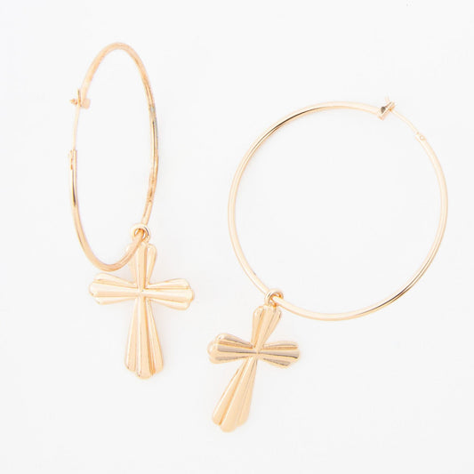 Celesta Cross Charm Curved Hoop Earrings