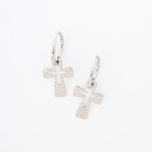 Celesta Cross Charm Hammered Hoop Earrings