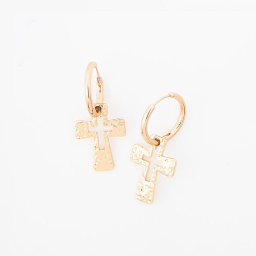 Celesta Cross Charm Hammered Hoop Earrings