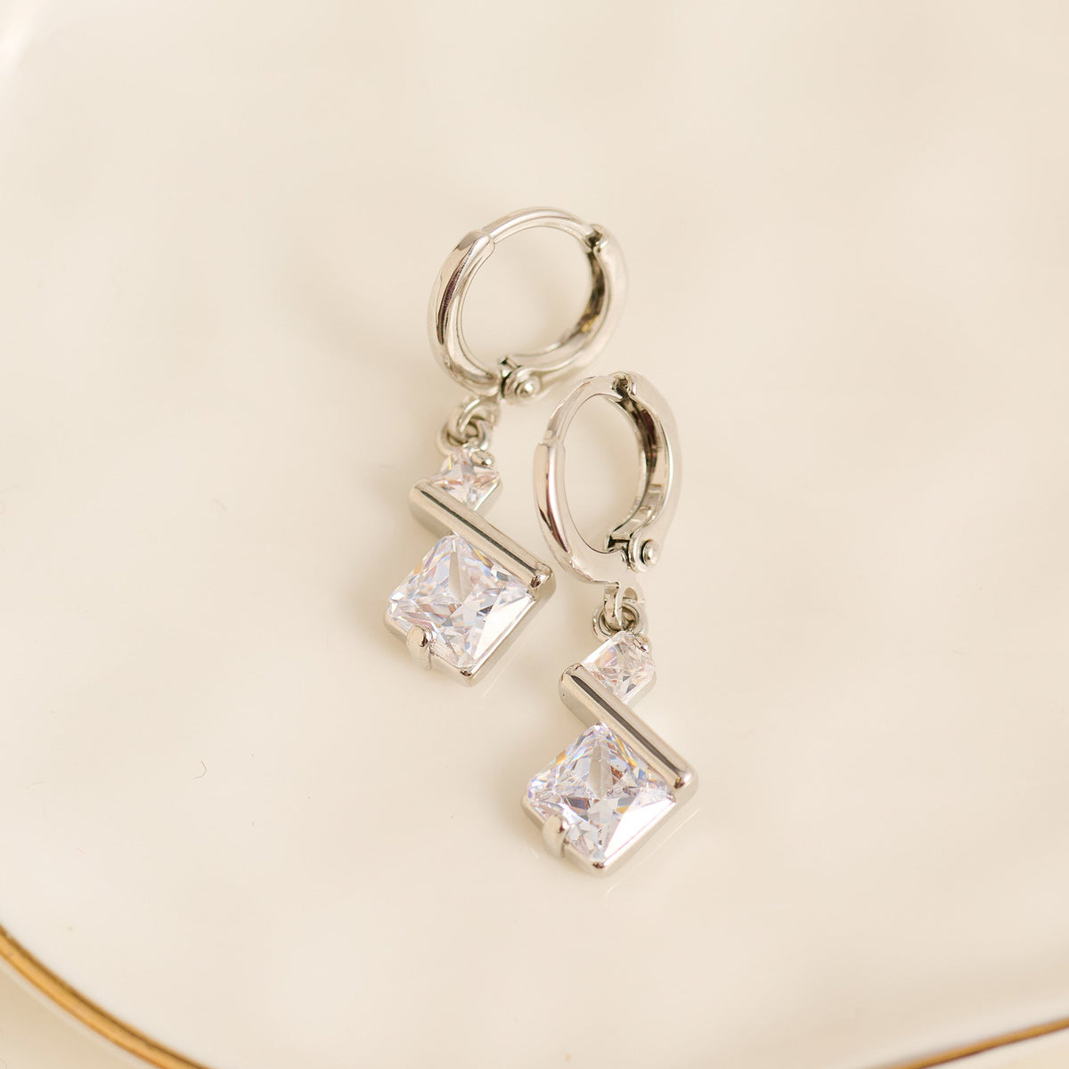 Geometric Princess Cut Cubic Zirconia Dazzler Hoop Drop Earrings