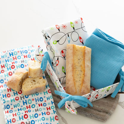 4 Piece Bright Christmas Tea Towel & Bread Basket Set