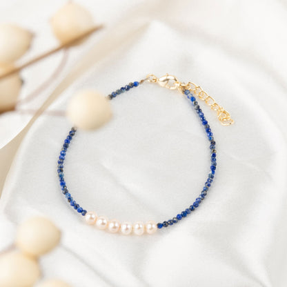 Taissa 18k Gold Genuine Lapis & Pearl Bracelet