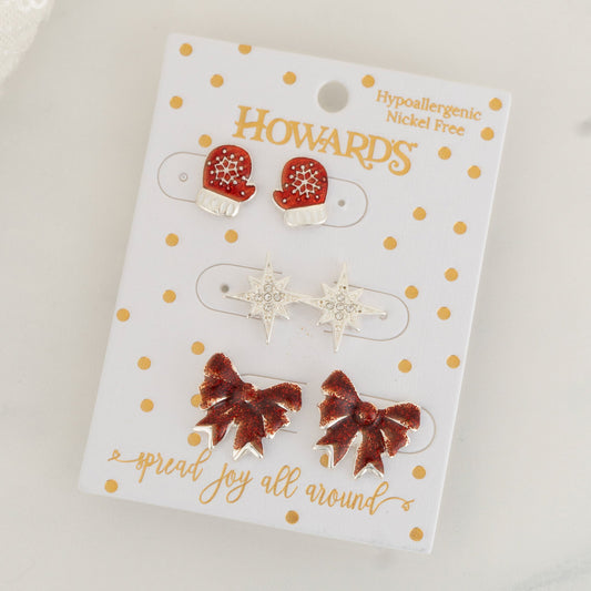 Holiday Christmas Mittens Earring Trio