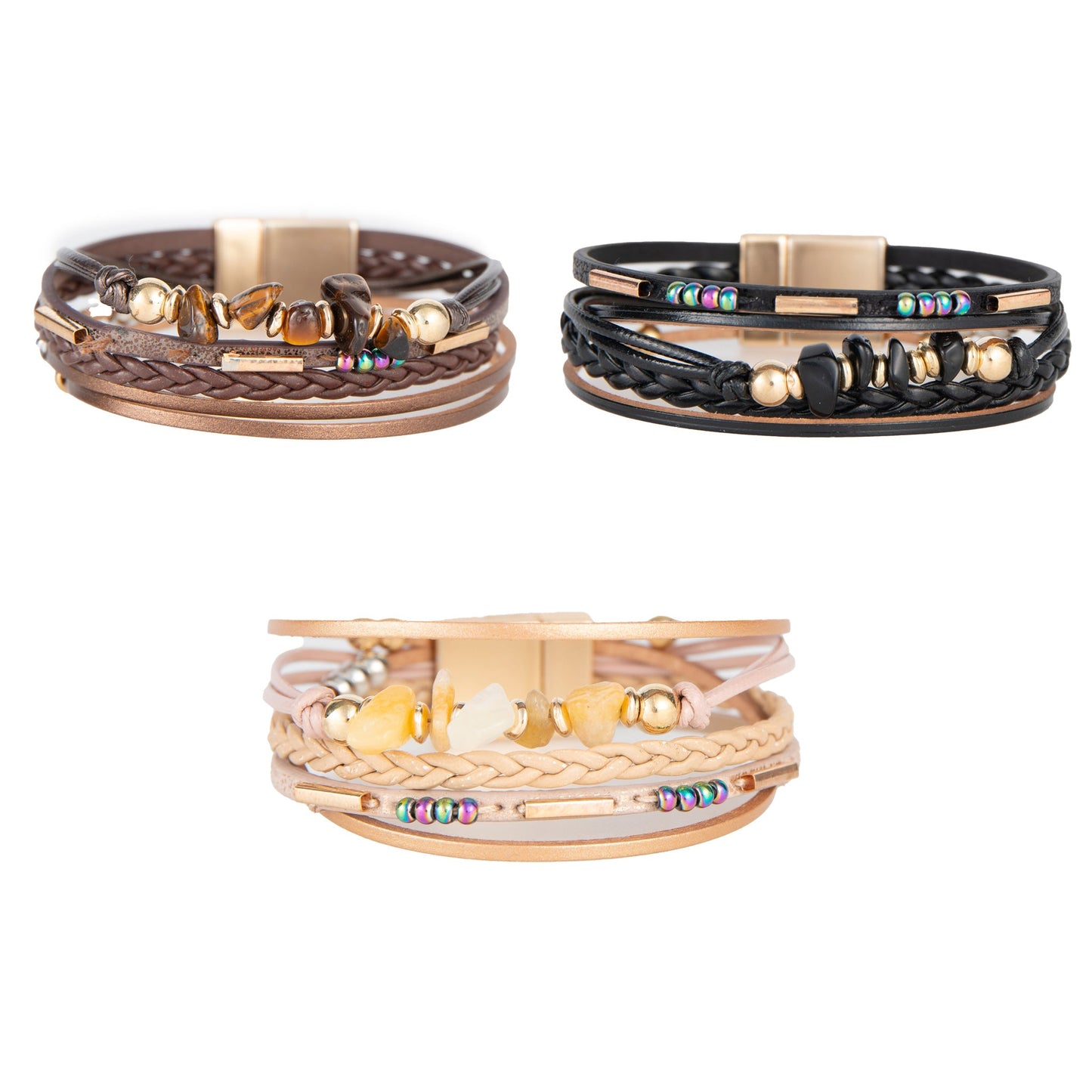 6 Piece Bex Leather Multi Row Magnetic Bracelet Assortment