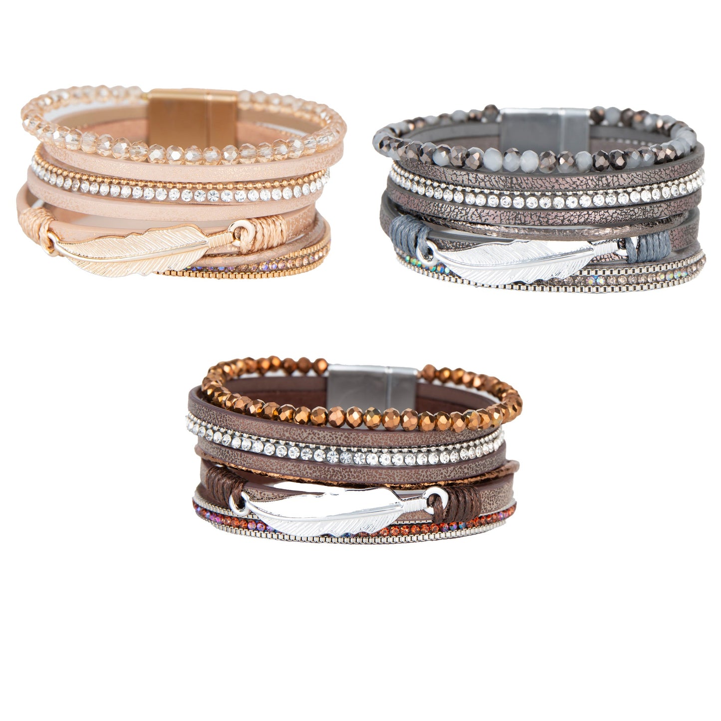 6 Piece Edie Leather Multi Row Feather Magnetic Bracelet Assortment