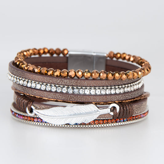 Edie Leather Multi Row Feather Magnetic Bracelet