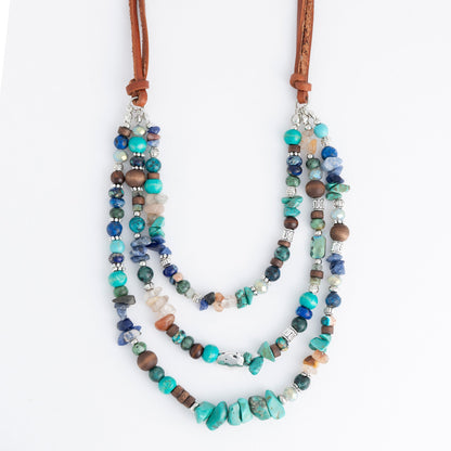 Tayla Leather Multi Row Genuine Stone Necklace