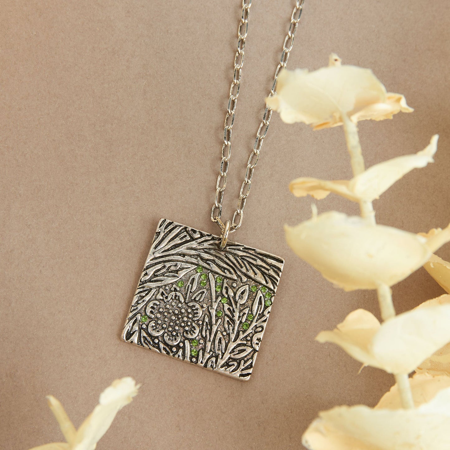 Dahlia Floral Square Pendant Necklace