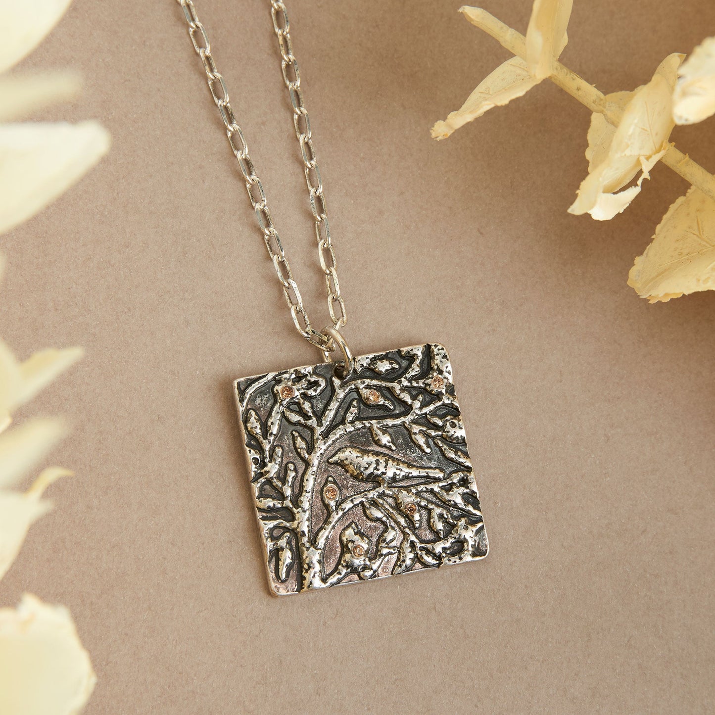 Dahlia Bird Square Pendant Necklace