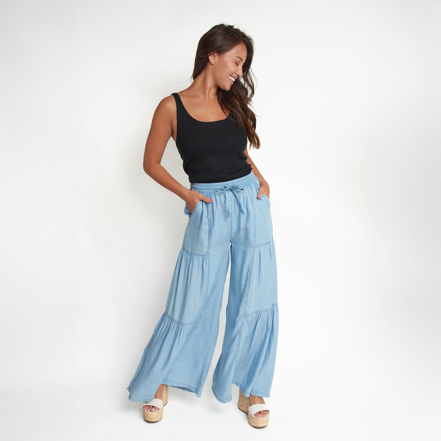 Delaney Wide Leg Tiered Chambray Pants