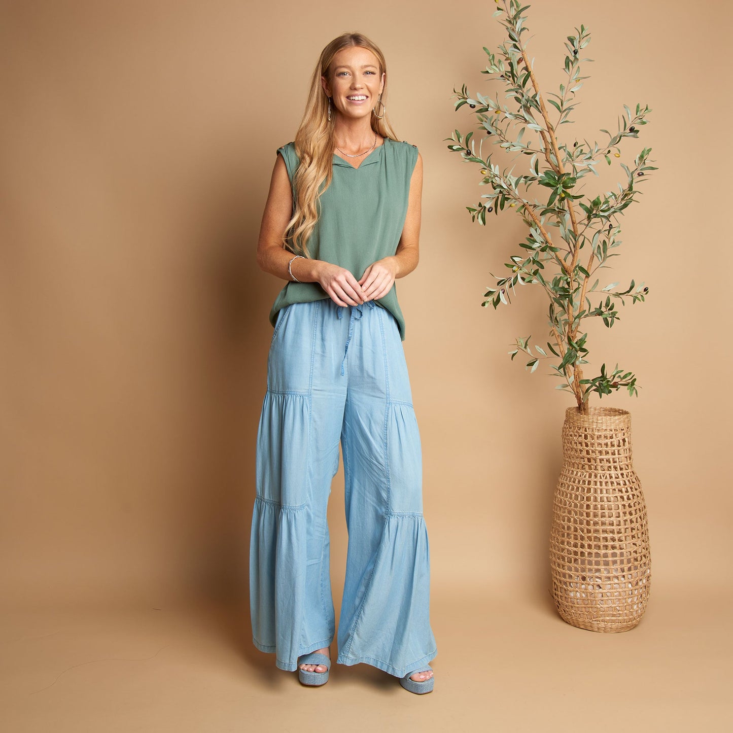 Delaney Wide Leg Tiered Chambray Pants