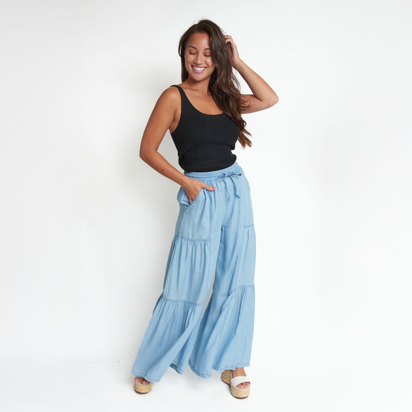 Delaney Wide Leg Tiered Chambray Pants