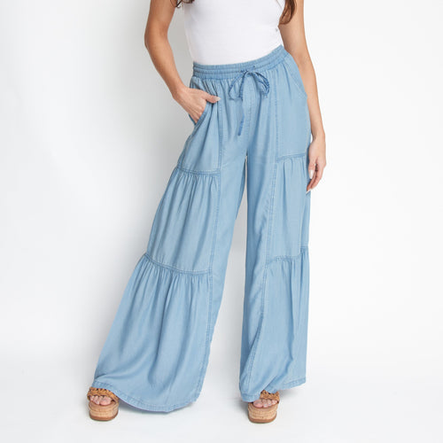 Delaney Wide Leg Tiered Chambray Pants