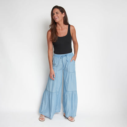 Delaney Wide Leg Tiered Chambray Pants