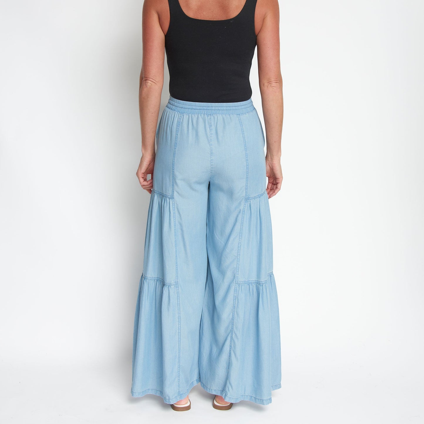 Delaney Wide Leg Tiered Chambray Pants