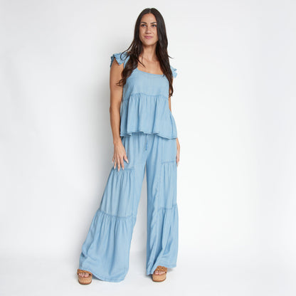 Delaney Wide Leg Tiered Chambray Pants