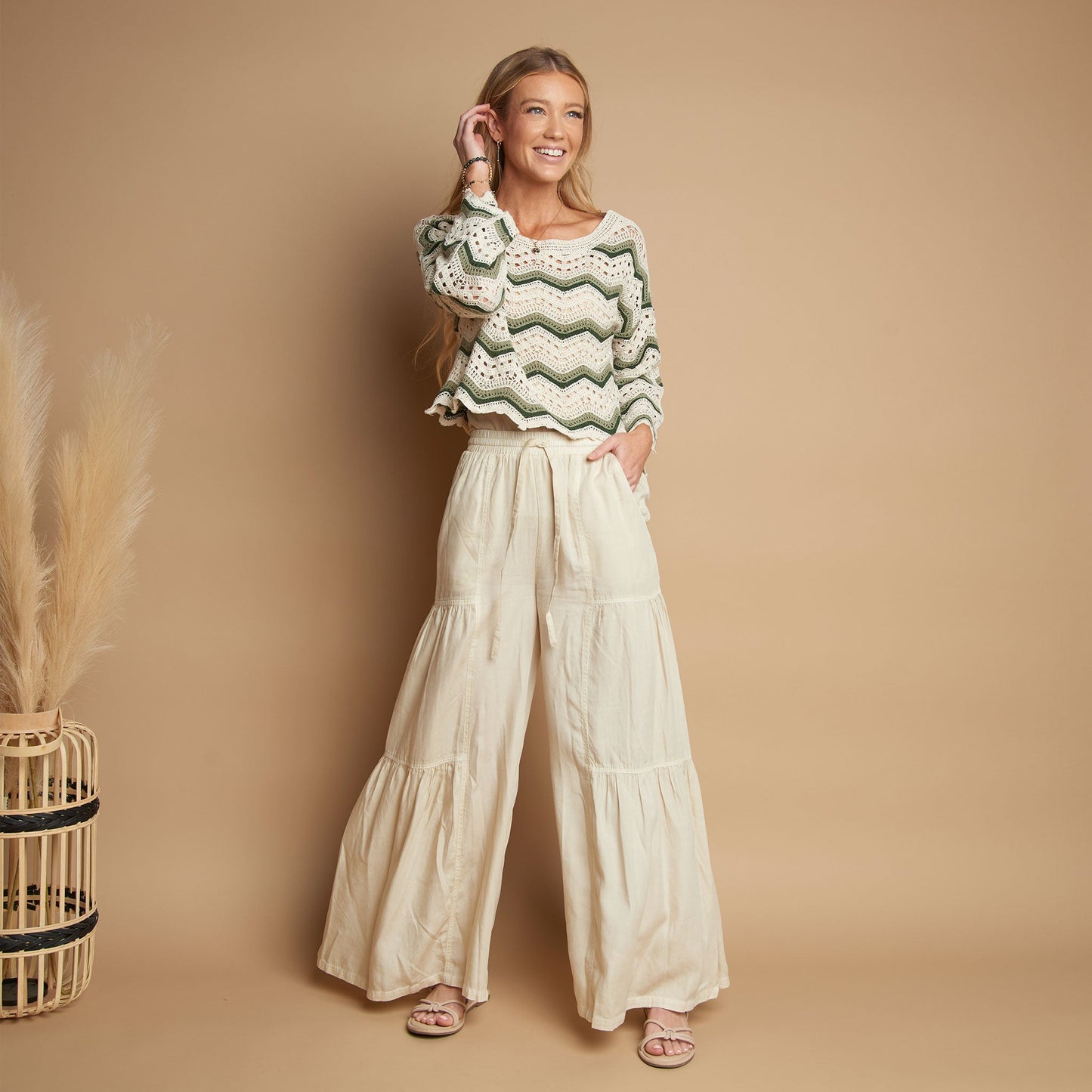 Delaney Wide Leg Tiered Chambray Pants