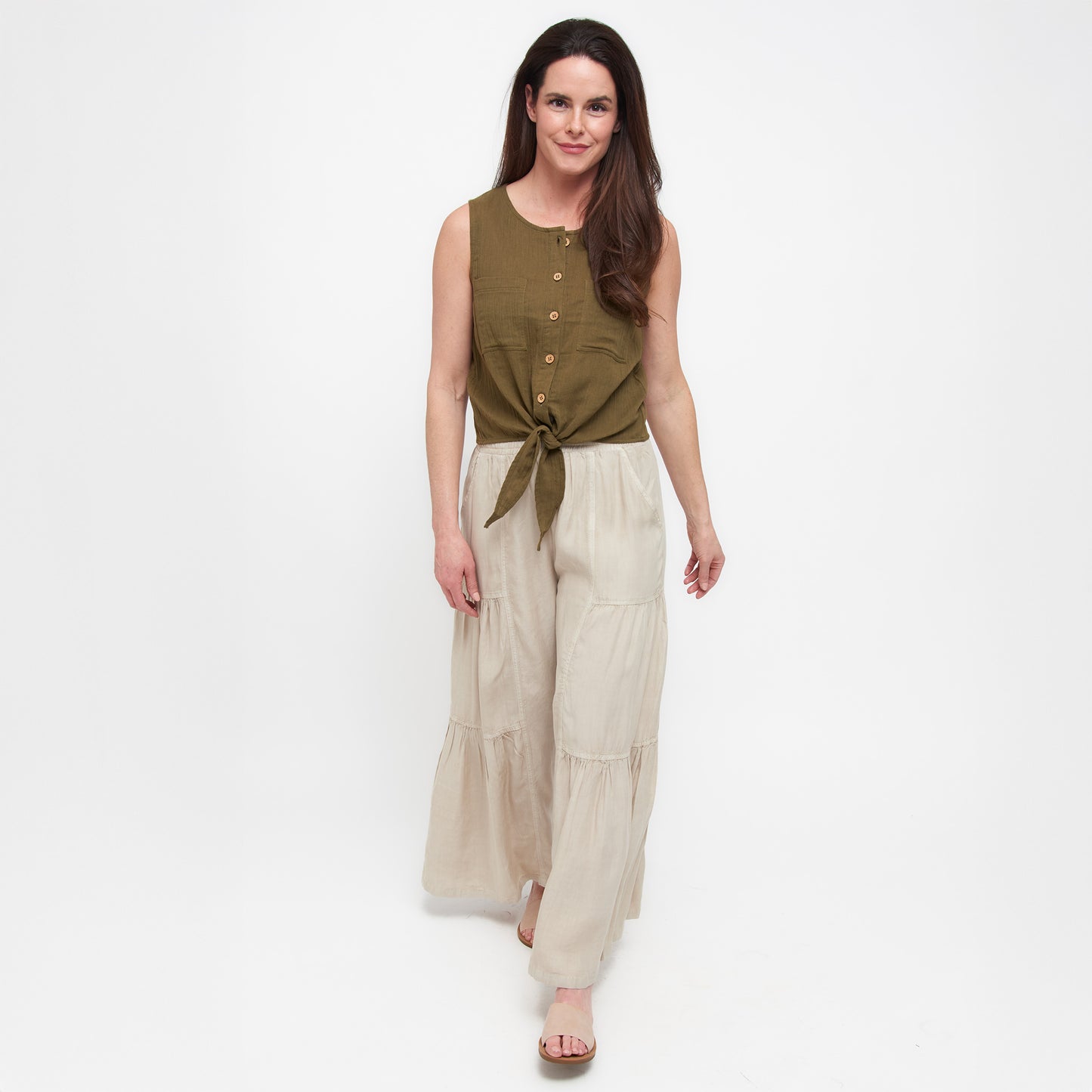 Delaney Wide Leg Tiered Chambray Pants